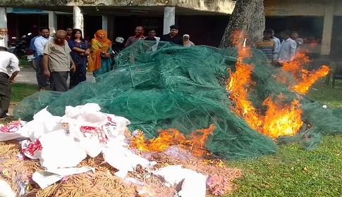 রাজবাড়ীতে ১৫ লক্ষ টাকার নিষিদ্ধ জাল আগুনে পুড়িয়ে ধ্বংস 